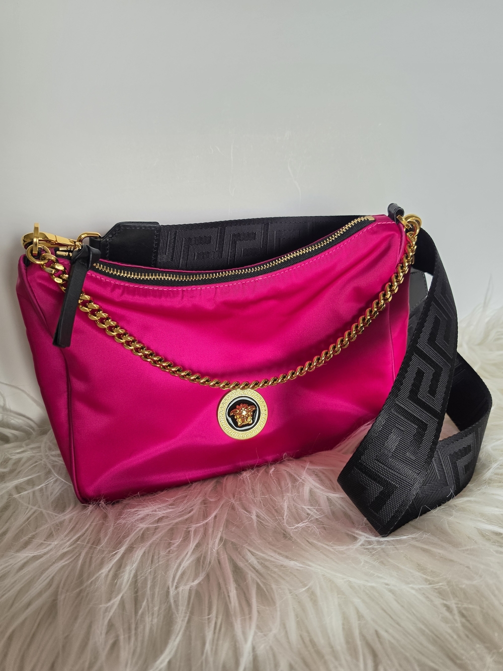 Versace Medusa Pink Nylon Chain-Accent Shoulder Bag